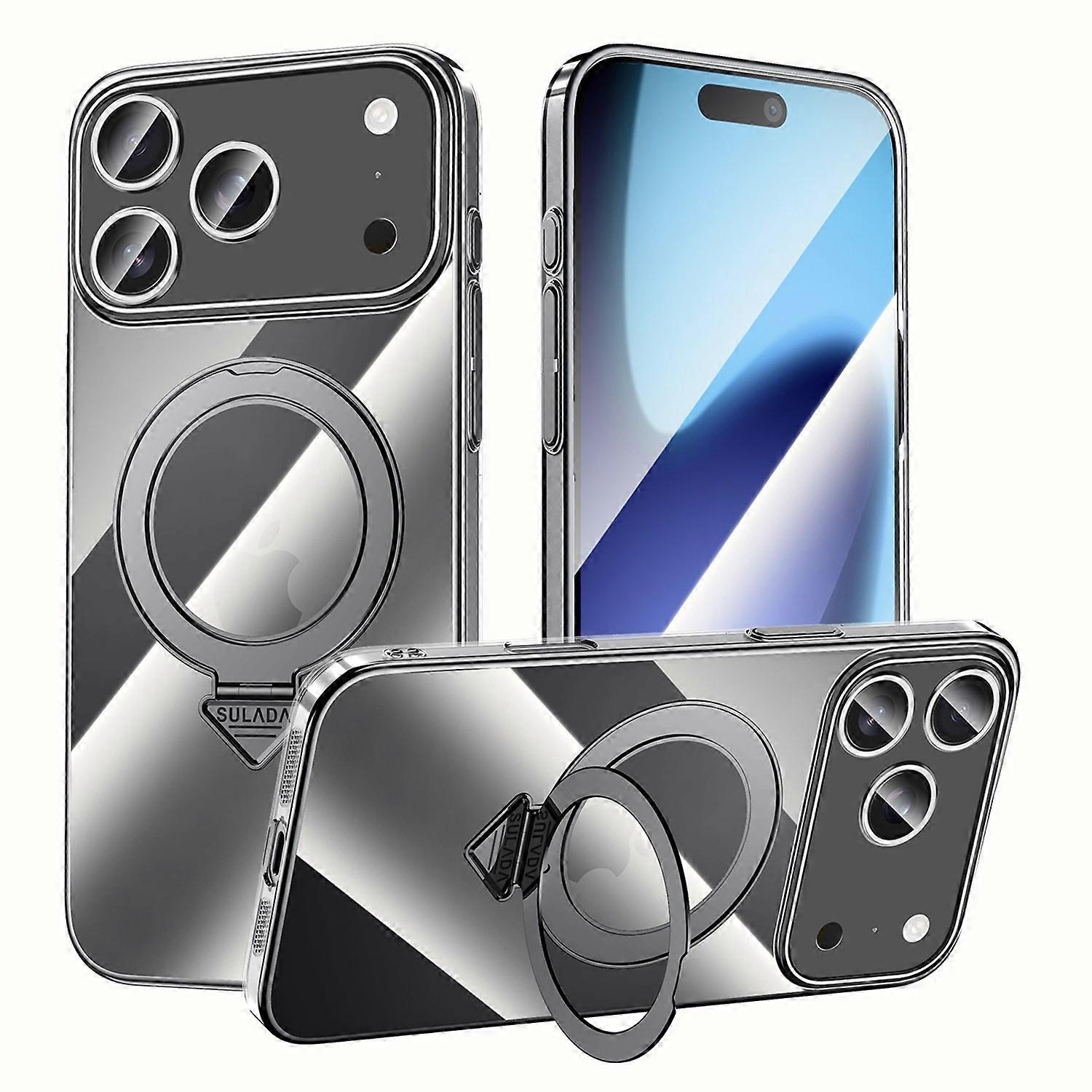 SULADA For iPhone 17 Pro Case Compatible with MagSafe Electroplated Foldable Kickstand Clear PC Phon
