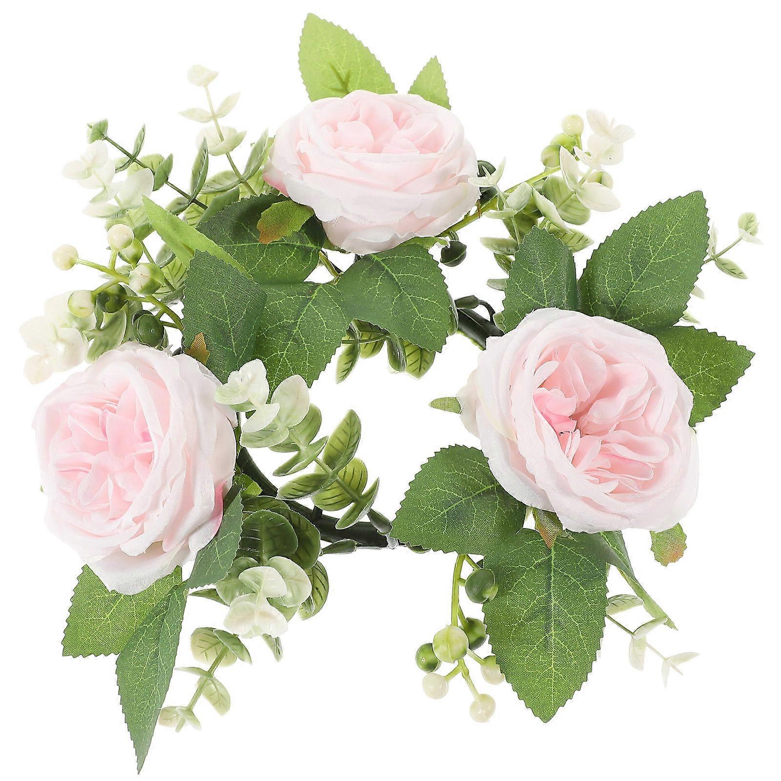 Pink Silk Artificial Rose Candle Ring for Event Decoration 2Pcs Floral Centerpiece