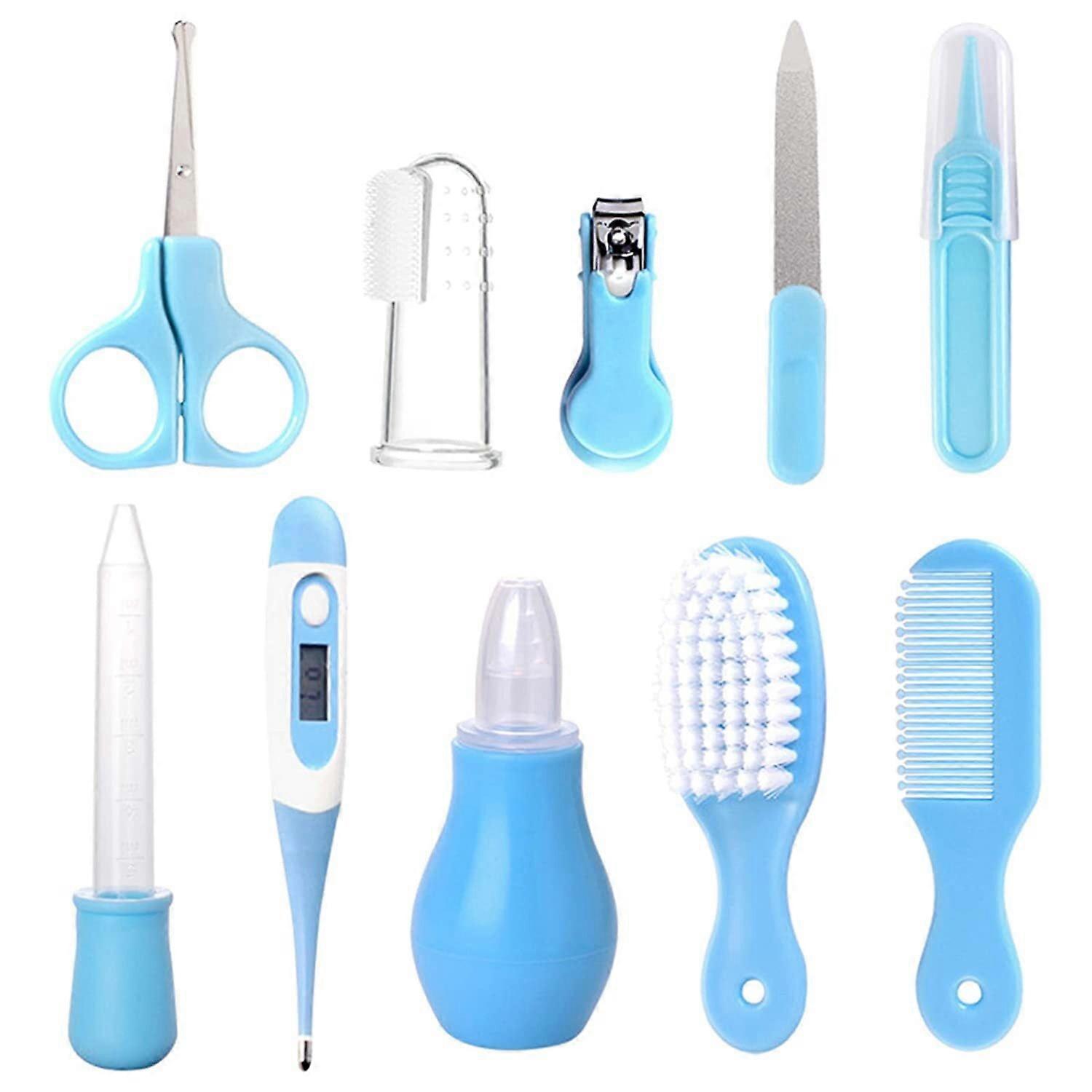 Baby Healthcare & Grooming Kit, 10 in 1 Infant Care Set with Comb, Brush, Toothbrush, Clippers, Scissors, Aspirator (Blue)