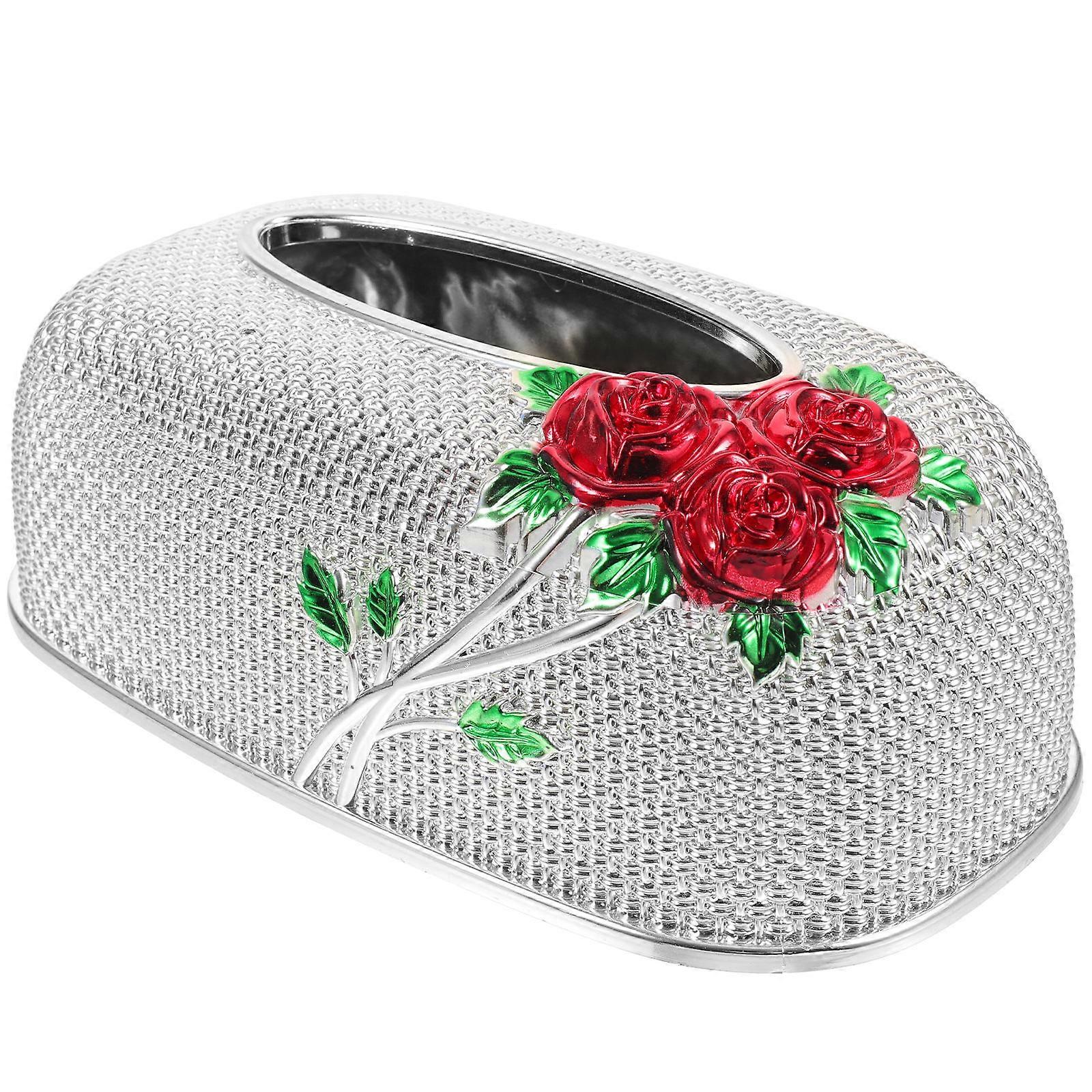 Rose Pattern Tissue Box Holder For Indoor Use Made Of Silver Plastic In 1Set