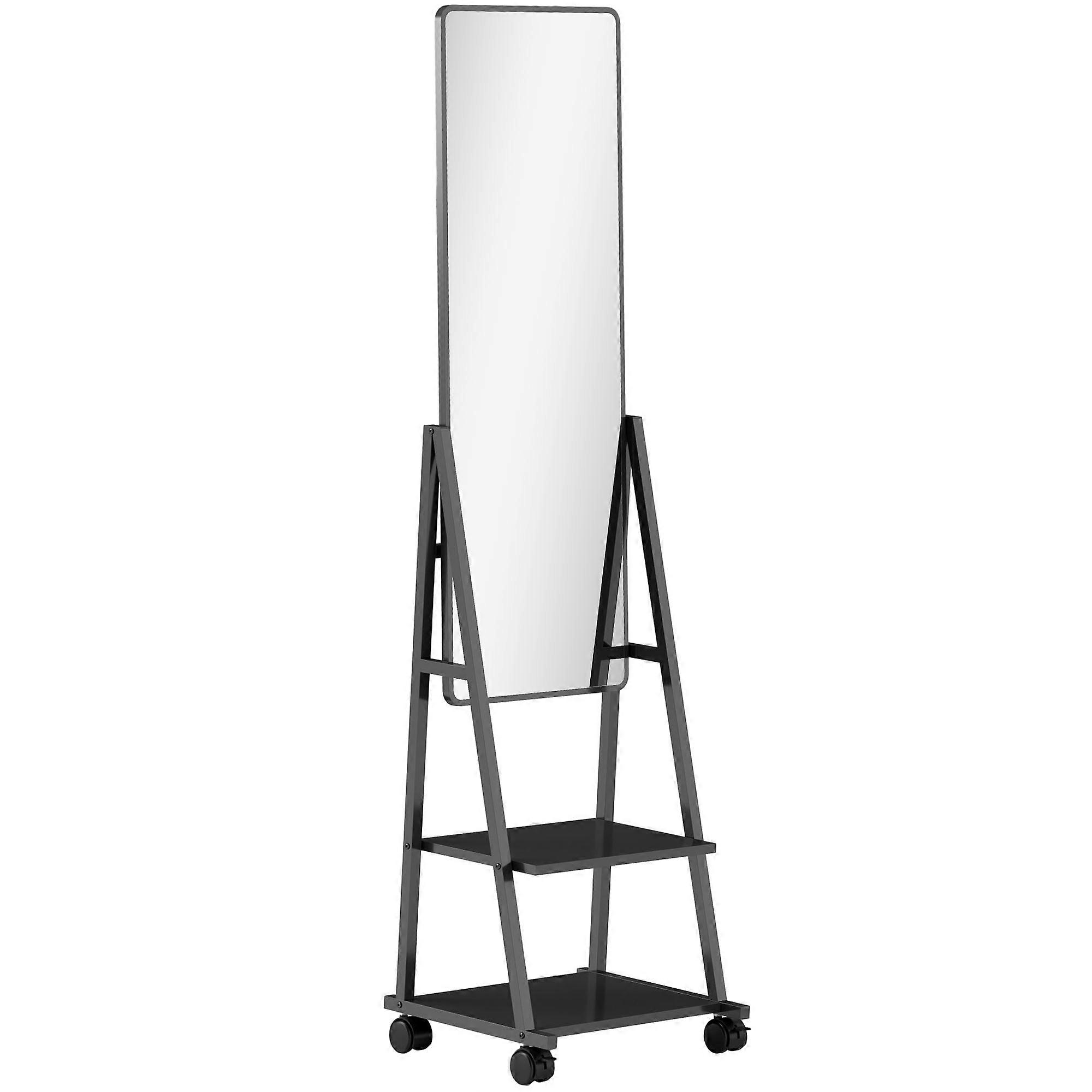 Black Full Body Mirror Shelf 42x155cm Standing Mirror with Wheels