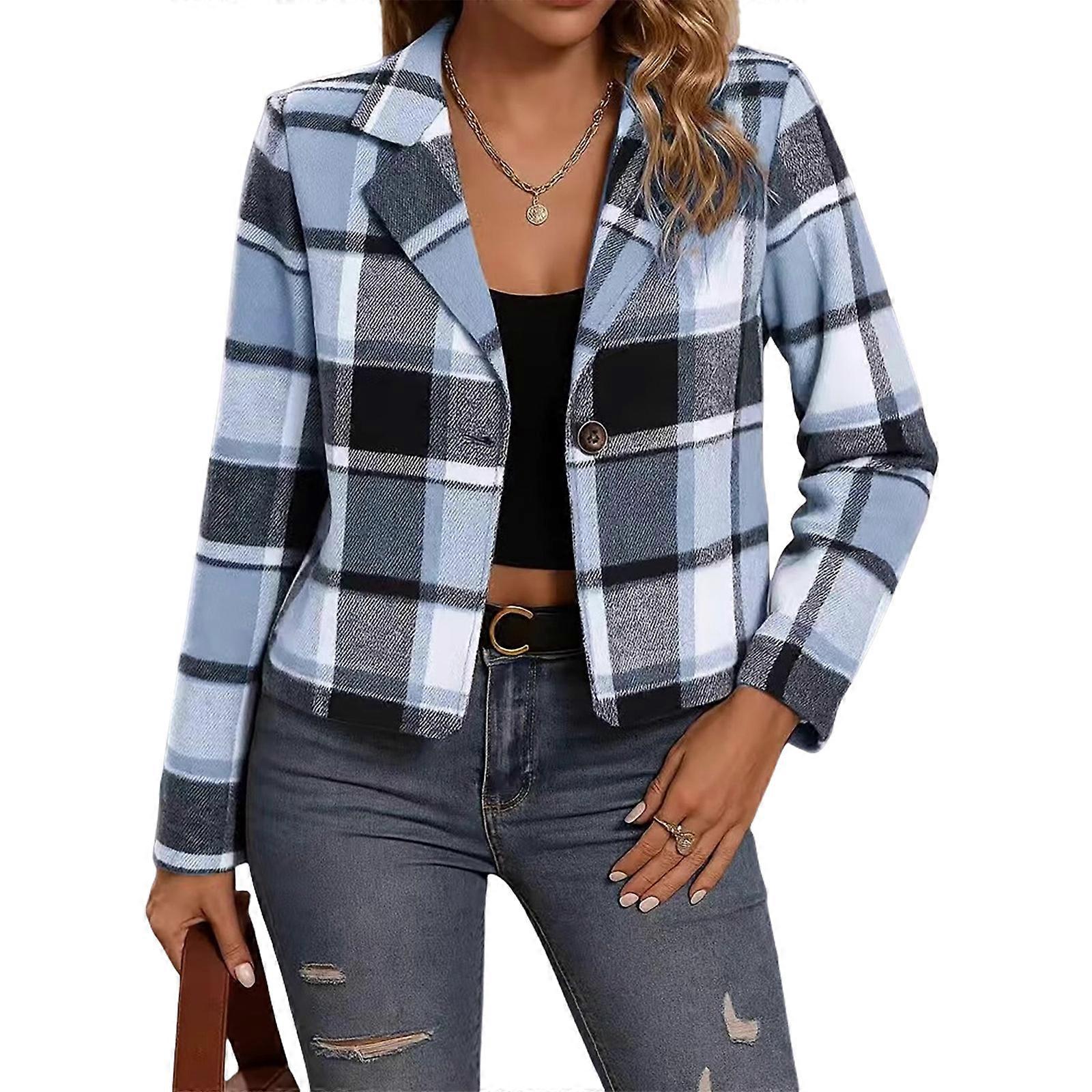 Women's Cropped Fall Casual Long Sleeve Lapel Collar Button Open Front Work Coat  Sky Blue XL