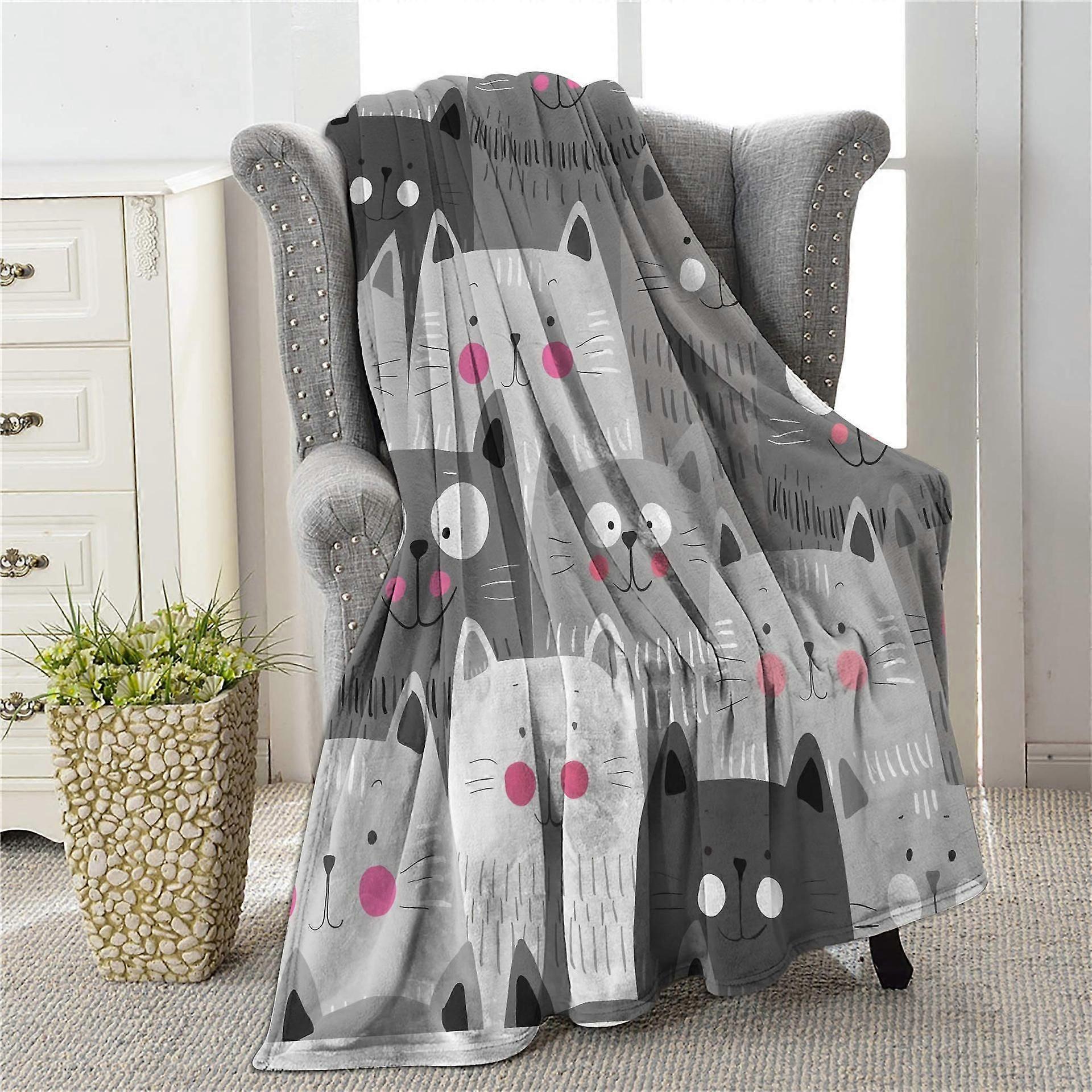 Pink Face Gray Cat Blanket Printed Plush Fluffy Flannel Blanket Soft  And Bed Throw-228x228cm