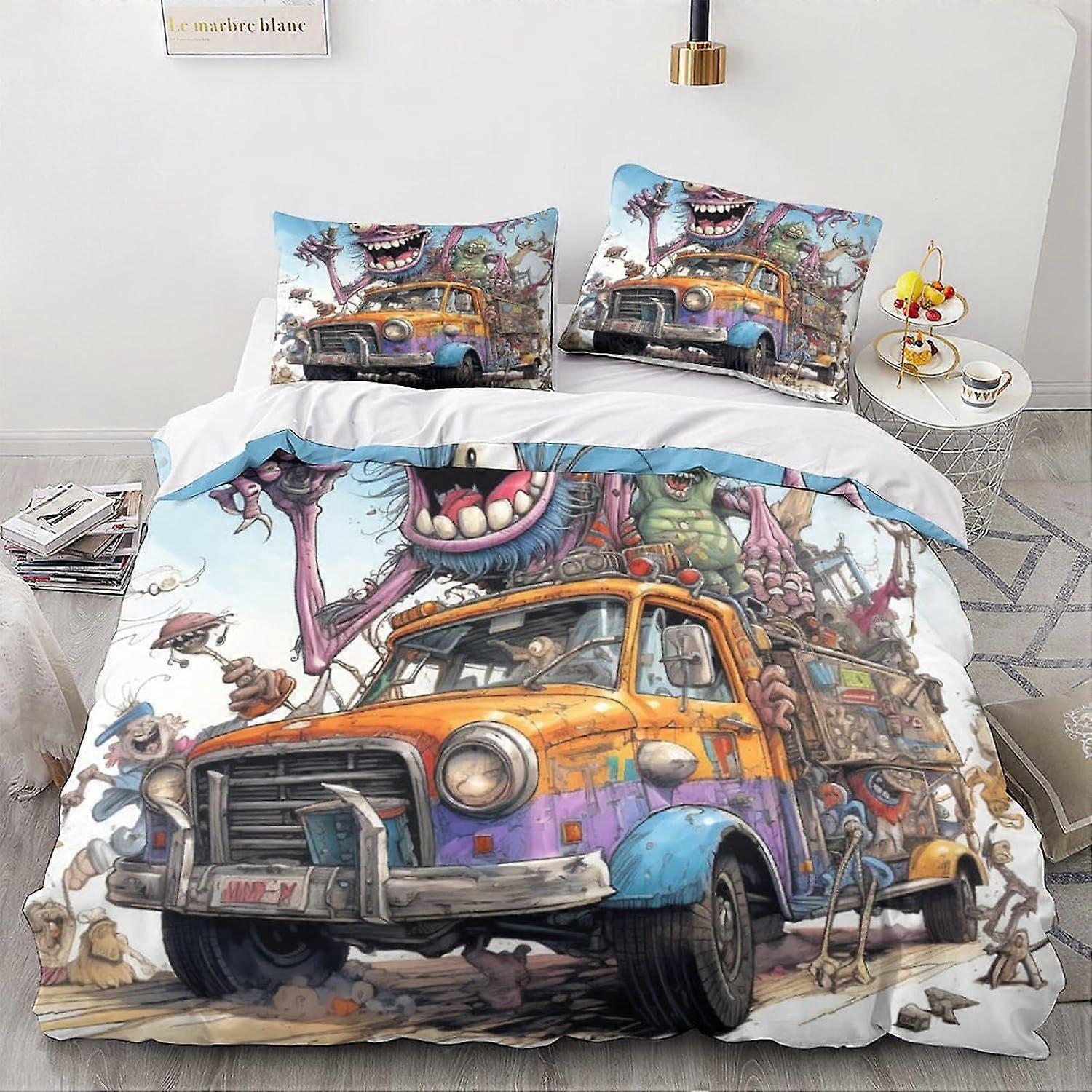 LikeEj monstro edredom capa conjunto, 3D vintage carro roupa de cama conjunto com fronhas de microfibra & fecho com zíper colcha caso desenhos animados impresso efeito rei
