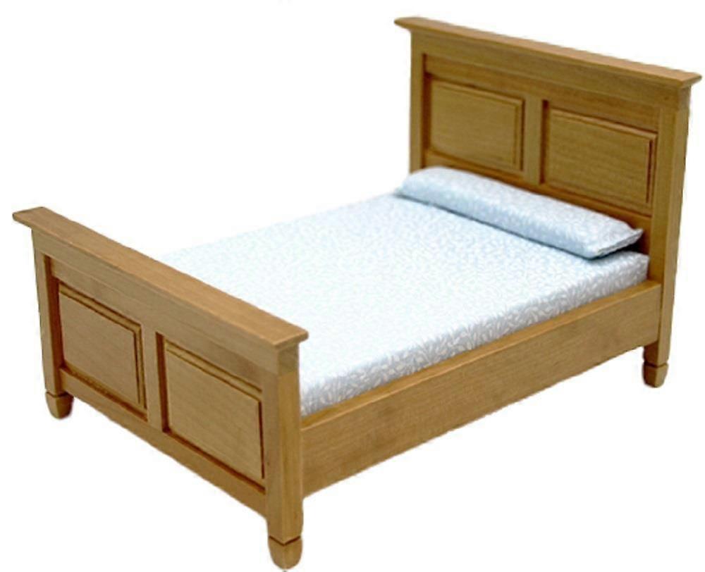 玩偶屋橡木镶板双人床现代微型卧室家具1：12