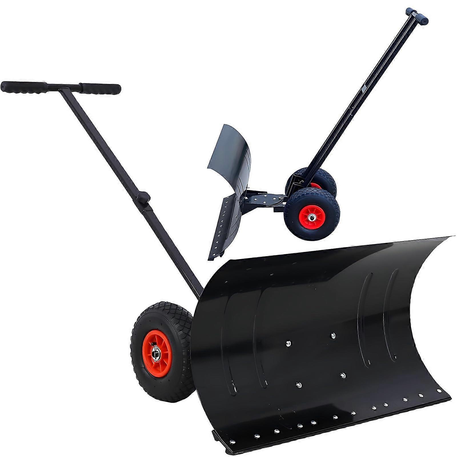Snow Pusher with Wheels 29 Inch Adjustable Shovel Heavy Duty Steel Frame for Driveways and Sidewalks