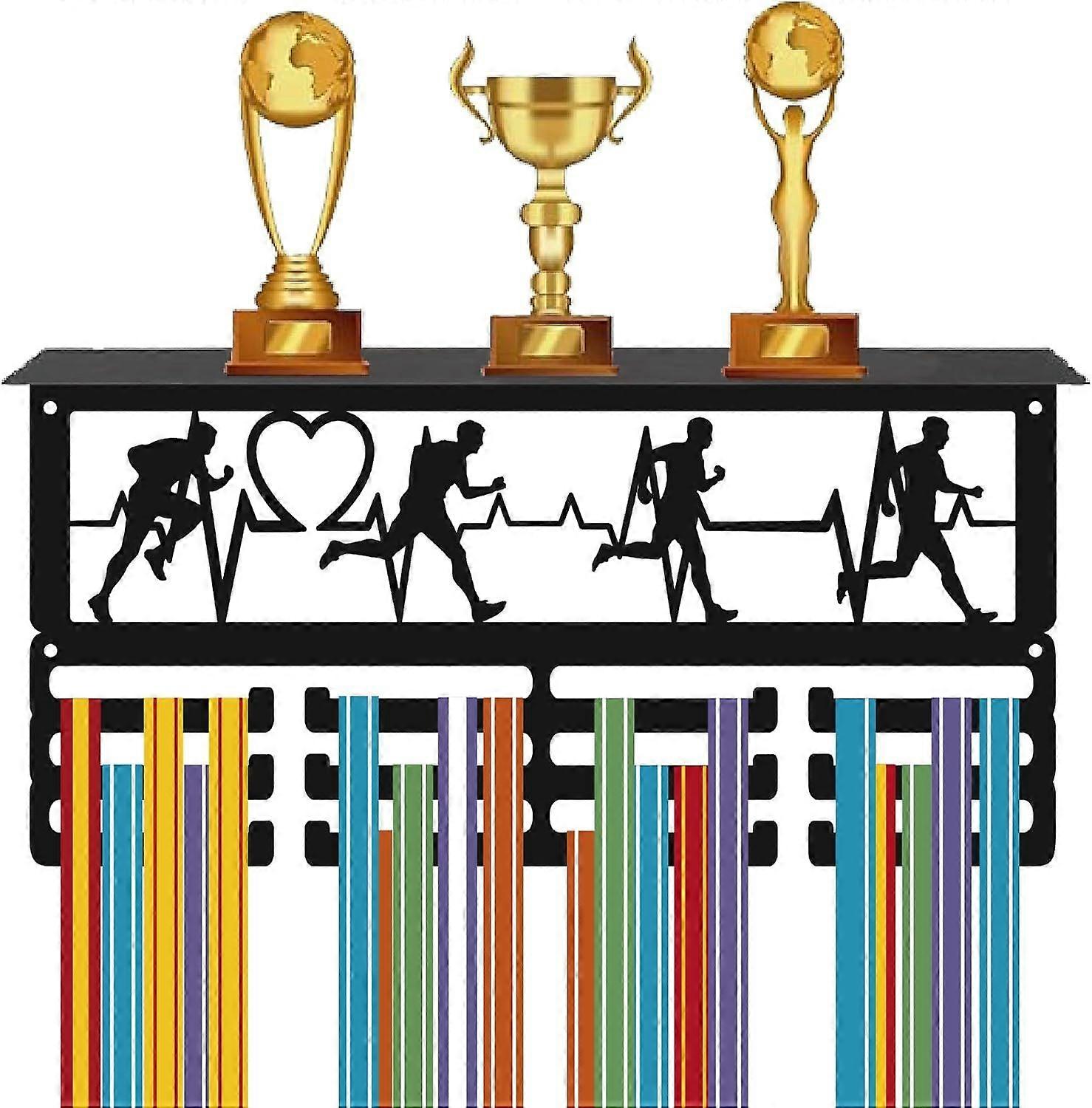 Running Medal Holder Sports Trophy Display Shelf 3 Row Hold 60+ Medals Black Iron Rectangle Rack Wall Mount Frame Metal Athletes Awards Hanger for Run