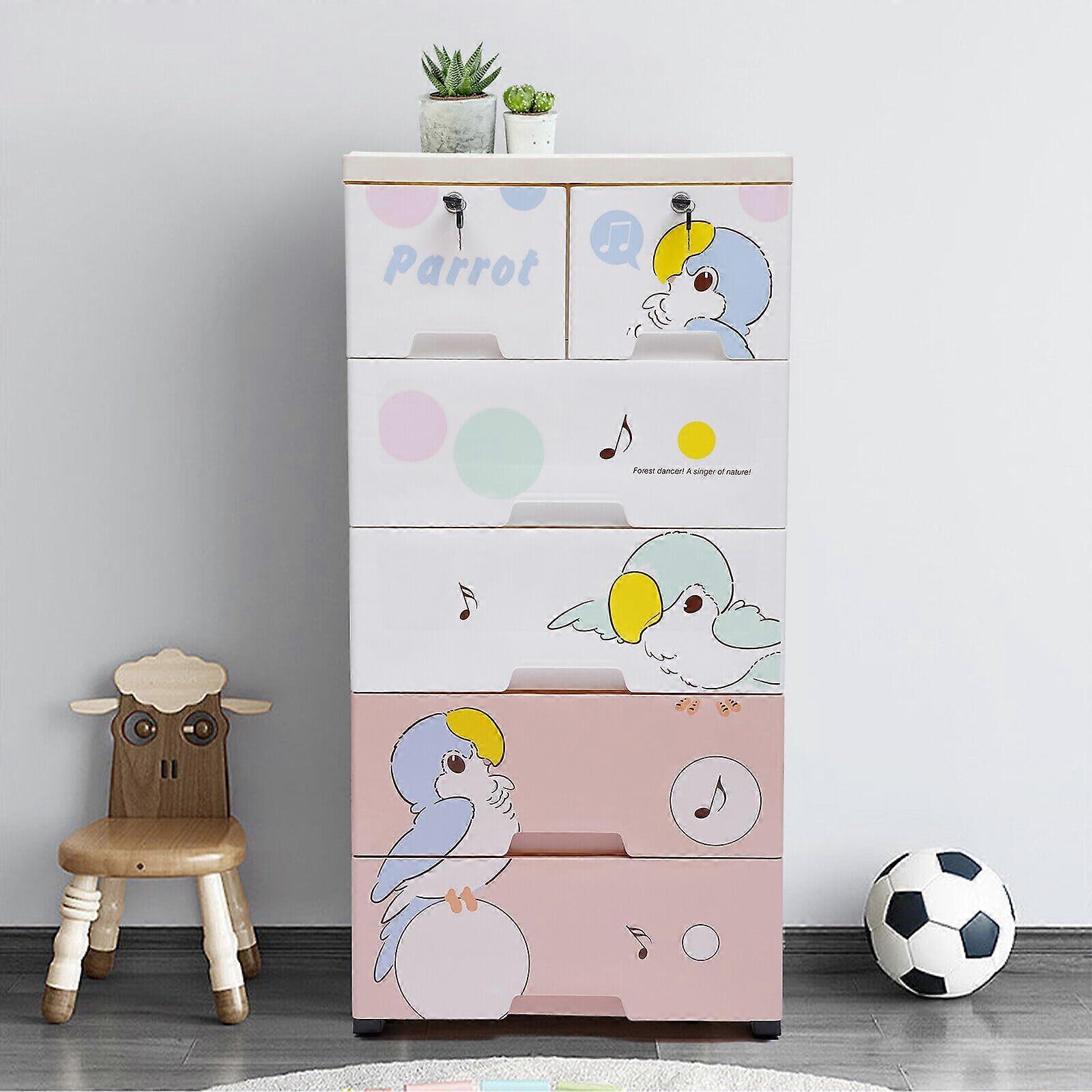 Tall Plastic Storage Drawers with Lockable 5Layer Parrot Design and Wheels for Kids Bedroom