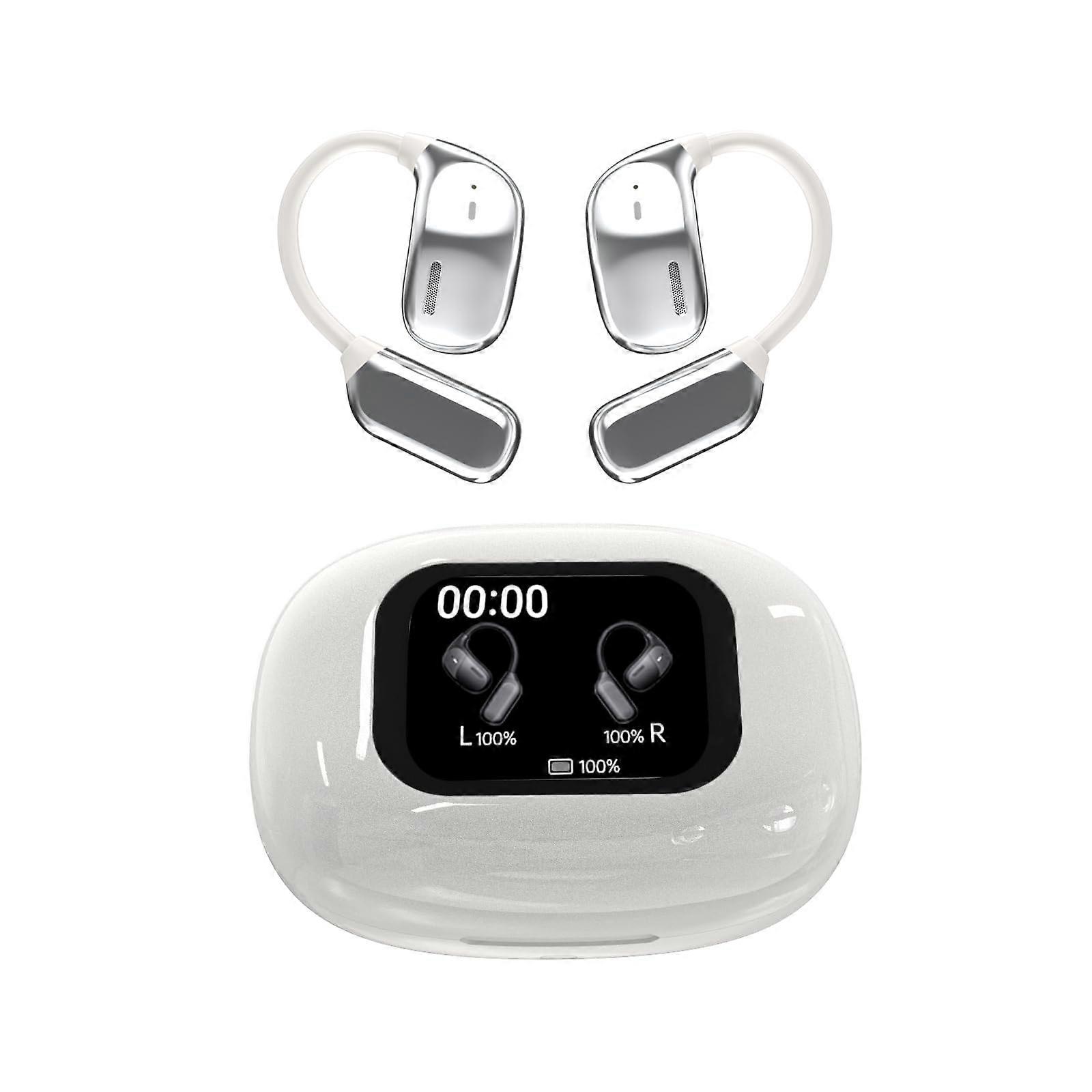 Wireless Open Ear Touch Screen Sports Bluetooth Earphones with ScreenOn Case White Compatible with iPhone Android