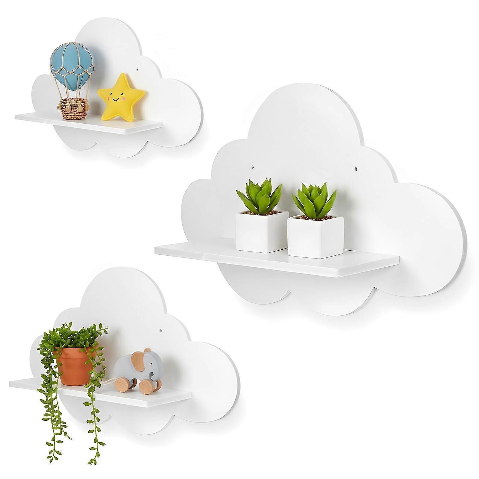 Set of 3 Wooden Cloud Shelves White Nursery Wall Decor SpaceSaving Floating Design