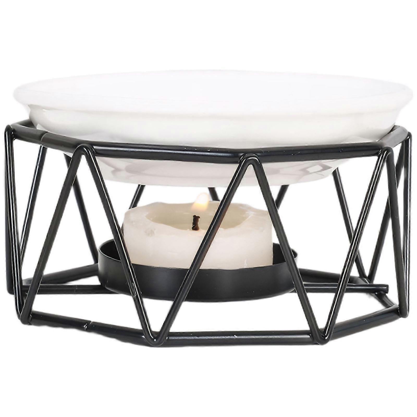 Geometric Metal Essential Oil Burner with Ceramic Dish for Aromatherapy and Home Decor Black 10x6cm