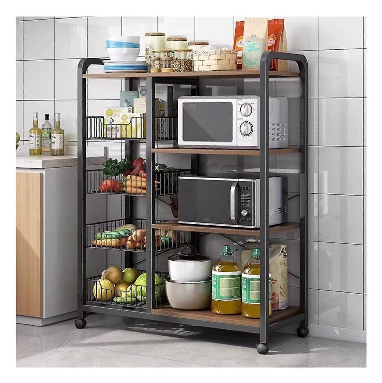 4 Tier Microwave Stand with Storage, Industrial Kitchen Baker's Rack with Baskets and Lockable Wheels