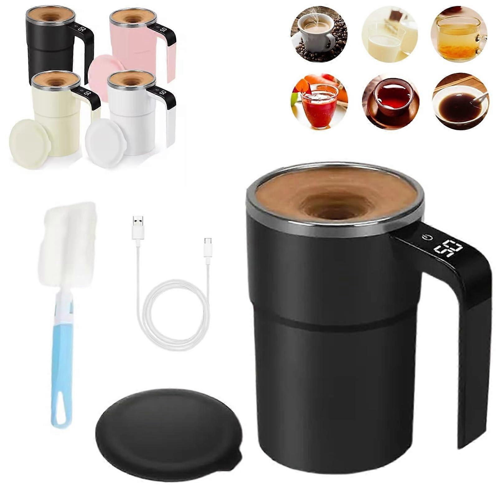 Self Stirring Coffee Mug with LED Temperature Display, Rechargeable Automatic Mixing Cup with Lid, Black