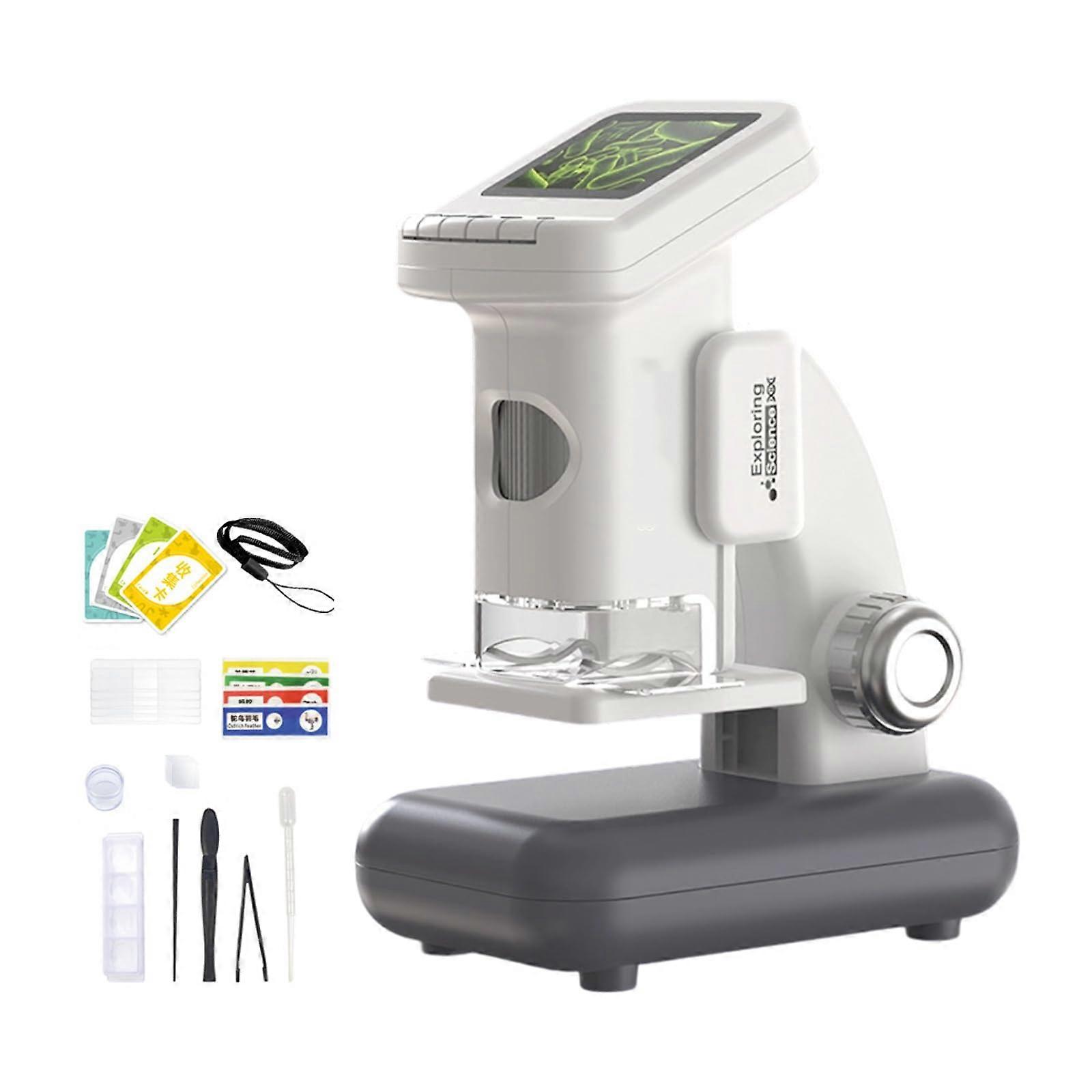 Kids Digital Microscope with LCD Screen, USB Rechargeable, Adjustable Stand, Memory Slot, Grey