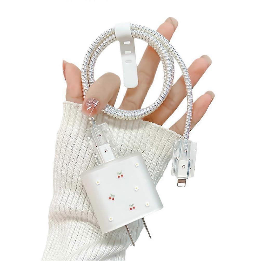 Cute Cherry and Flower Cable Protector for iPhone and Type C, PVC Cover Extends Cable Lifespan