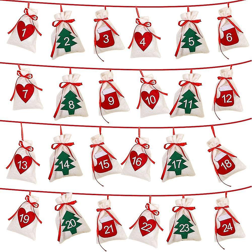 Christmas Advent Calendar, 24 Days Hanging Advent Calendars Garland Candy Gift Sacks Diy Felt Bags For Holiday Decorations