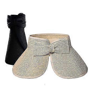 2-Pack Women's Foldable Straw Sun Hats, Wide Brim with Ponytail Hole, Adjustable Bow, Beige & Black