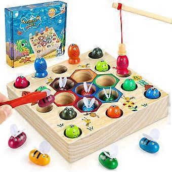 Wooden Toys Fishing Game, 2 In1 Wooden Montessori Games Baby Puzzle for Babies Development of Fine Motor Skills, Bees Fish Wooden Toys Educational Toy
