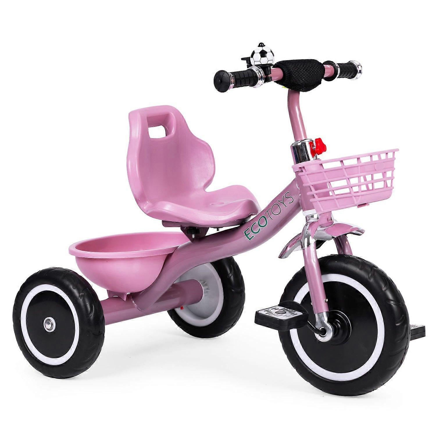 Trehjuling med halkfria grepp, ringklocka, korg, rosa, ECOTOYS