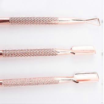 Conjunto de 3 peças para remoção de cutículas em aço inoxidável, na cor ouro rosa, ideal para uso doméstico e profissional em salões de beleza.