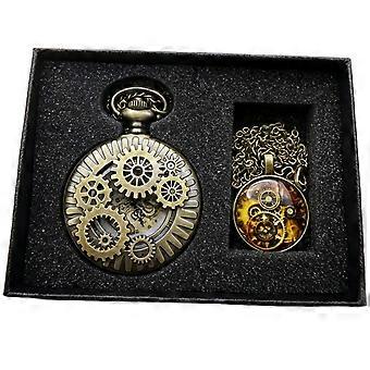 Antique Bronzed Steampunks Pocketwatch Matching Geared Pendant Necklace Gift Set
