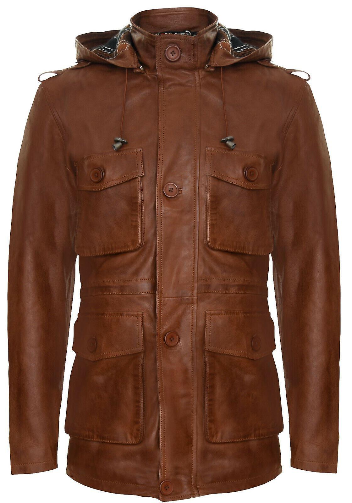 Herren Tan Leder Kapuze Mittellang Multi-Pocket Mantel