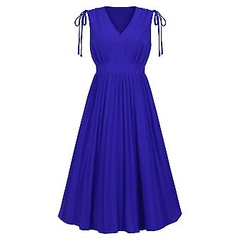 Women V Neck Sleeveless Slim Pleated Dress High Waist Solid Color | Fruugo  UK