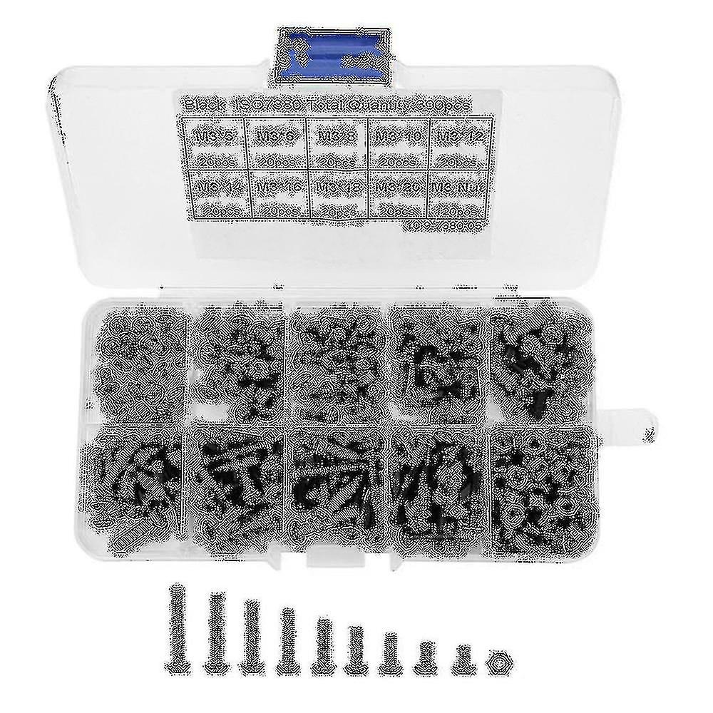 300pcs M3 Schwarz 10.9 Grad Knopfkopf Inbuschse Schraube Schraubenmutter Sortiment Kit