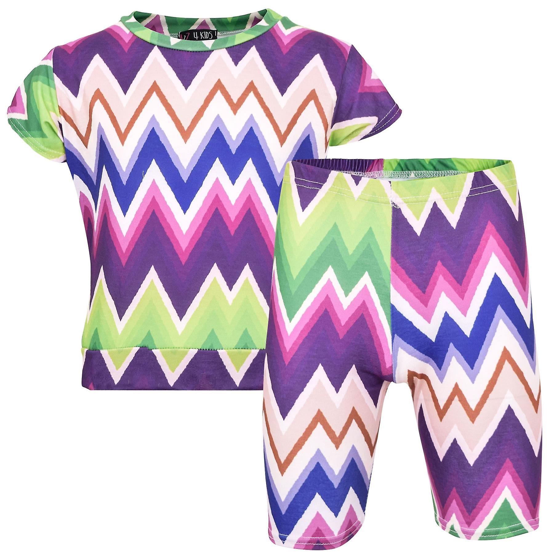 Kids Girls Chevron Short Sleeves Top Tees Clothing Sets Dance Set 7-13 Year