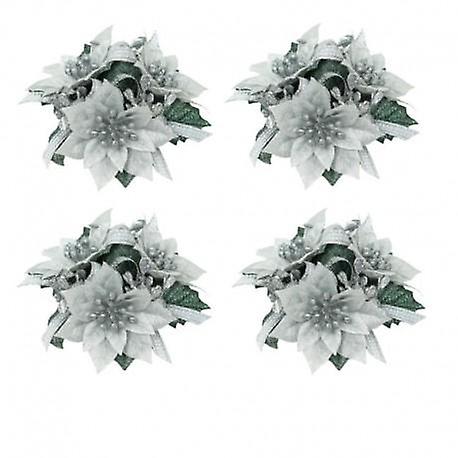 Candle rings for chandeliers 4-pack with poinsettias and bows silver-coloured