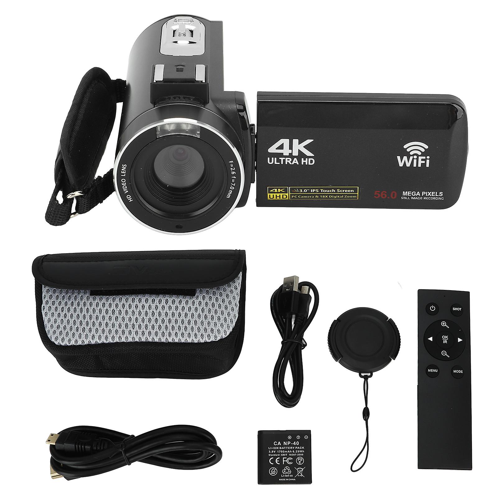 4K WiFi Digital Camera - 3" Touchscreen, 56MP, Vlogging Camcorder with Remote Control