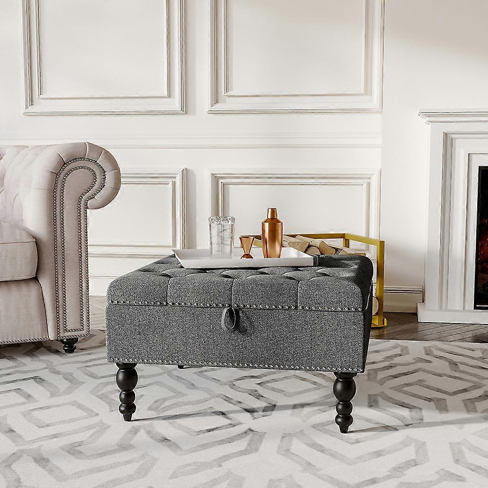 Square Tufted Linen Storage Ottoman Grey 74x74x44cm