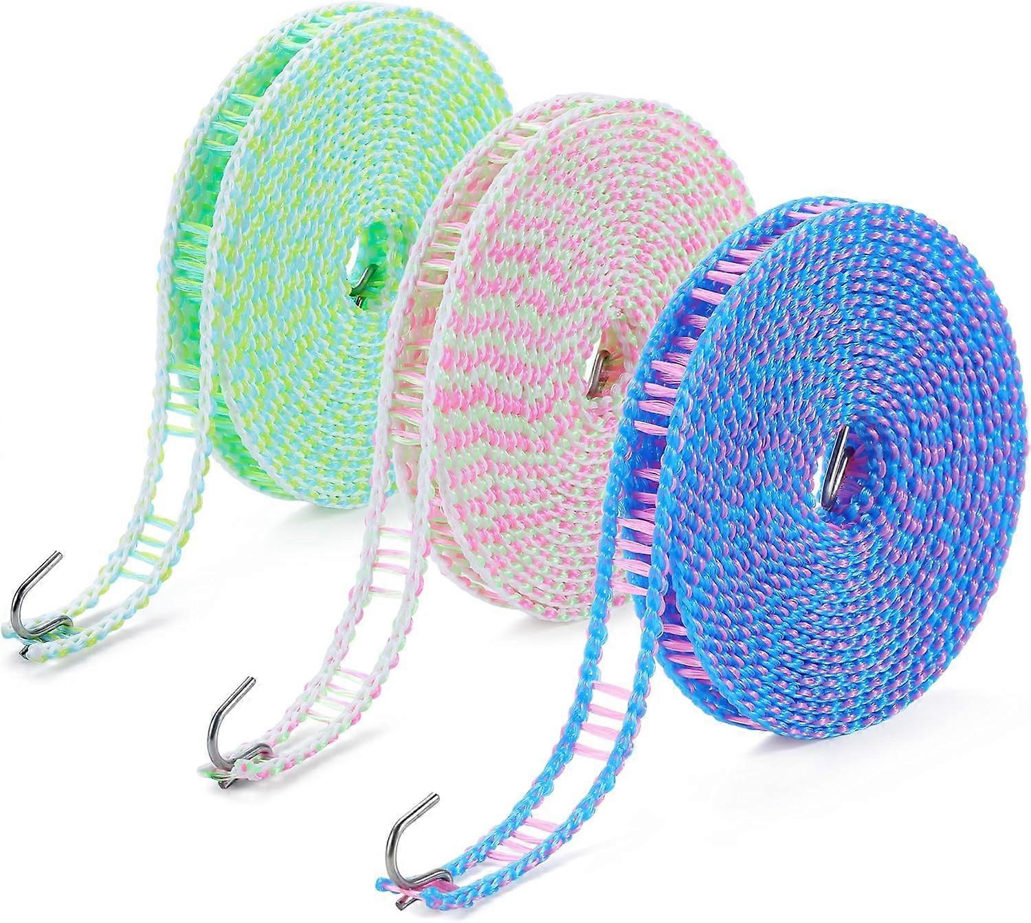 3-Pack Windproof Clothesline with Hooks 8m Ideal for Indoor/Outdoor Use & Travel