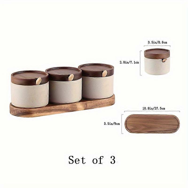 Ceramic Spice Jar Set with Acacia Wood Tray, Salt And Sugar Bowl with Lid And Spoon, Seasoning Box with Spoon, Porcelain Condiment Jar - Kitchen And D