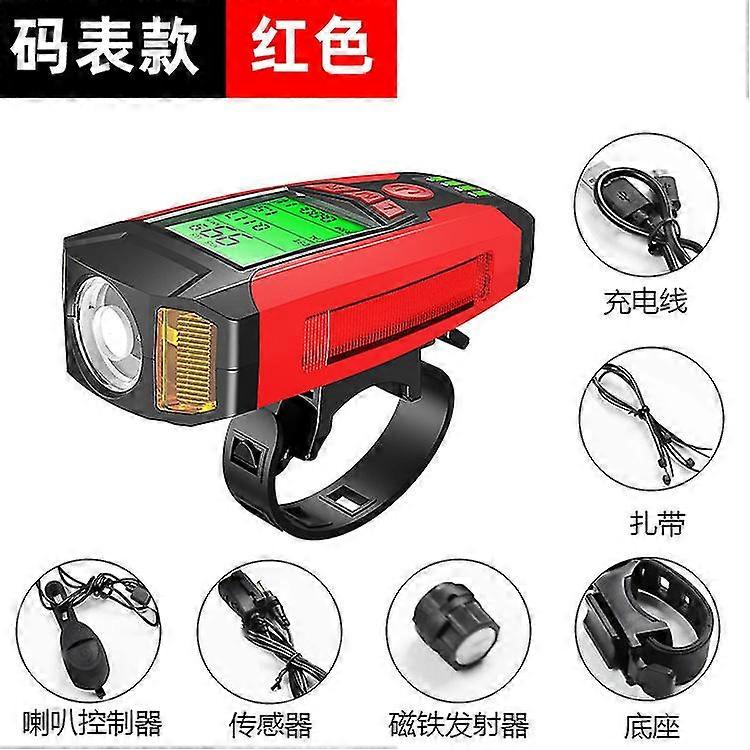 Red 3-in-1 Cycling Intelligent Code Meter Light Temperature+time+electric Display+code Meter+warning+horn Light Usb Charging Bicycle Lights