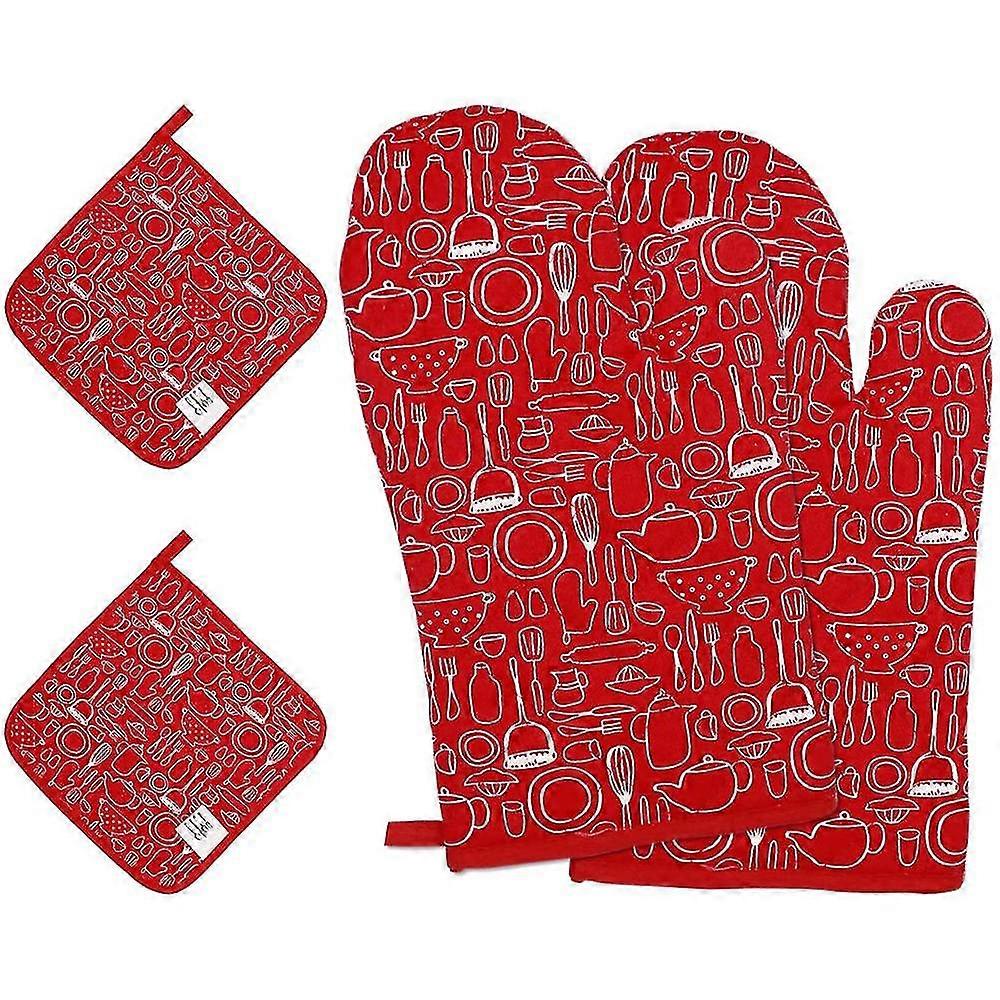 2pcs Red Oven Gloves With 2 Disc Pads Baking Gloves Universal Size
