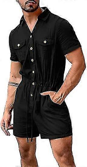 Heren Rompers Jumpsuits Katoen Button Down Korte Mouw One Piece Drawstring Shorts Overall Trainingspakken Met Zakken