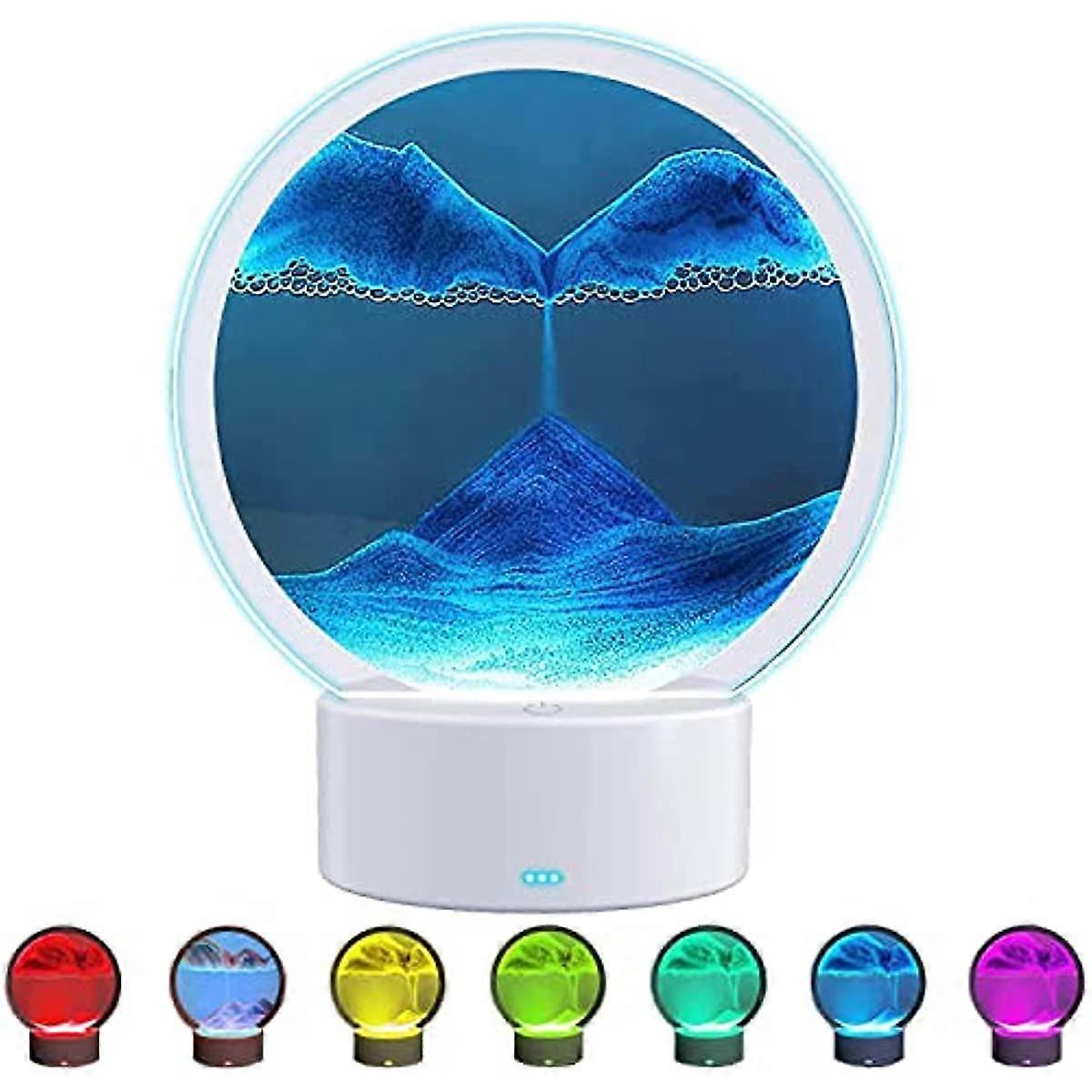 Moving Sand Art Picture with LED Light 3D Flowing Sand Art Ornament Round Glass Sand Frame Color Changing and Touch Control Sand Painting Liquid Desk