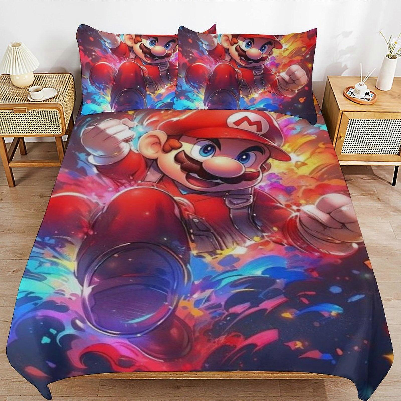 Sängkläder ZM527 Super Mario 3-delat täcke, Mjukt påslakanset i mikrofiber med dragkedja, 1 påslakan + 2 örngott TS527