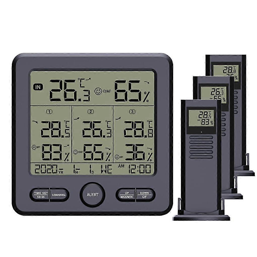 Black Digital LCD Backlight Temperature Meter with 3 Sensors Living Room Tabletop Electronic Measuring Device