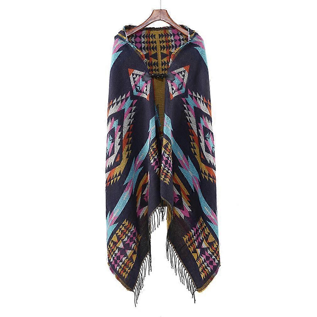 Geometric Pattern Hoodie Cape Ethnic Style Poncho Warm Cardigant for Lady