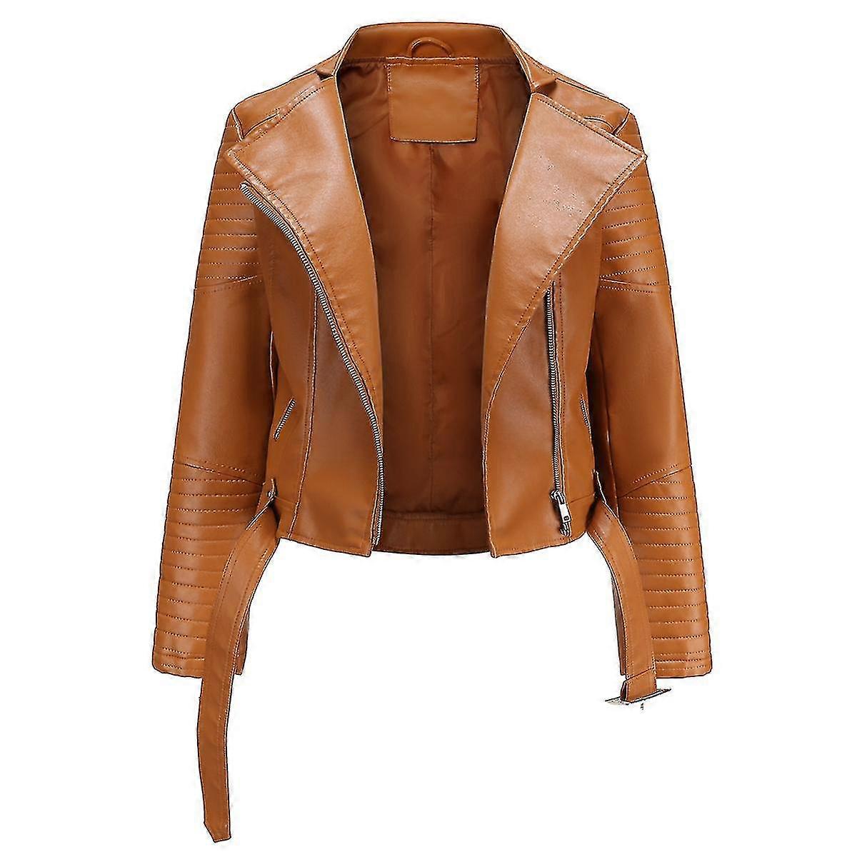 Naiwang Women's Solid Color Simple Slim Short Zip Lace-up Lapel Leather Jacket