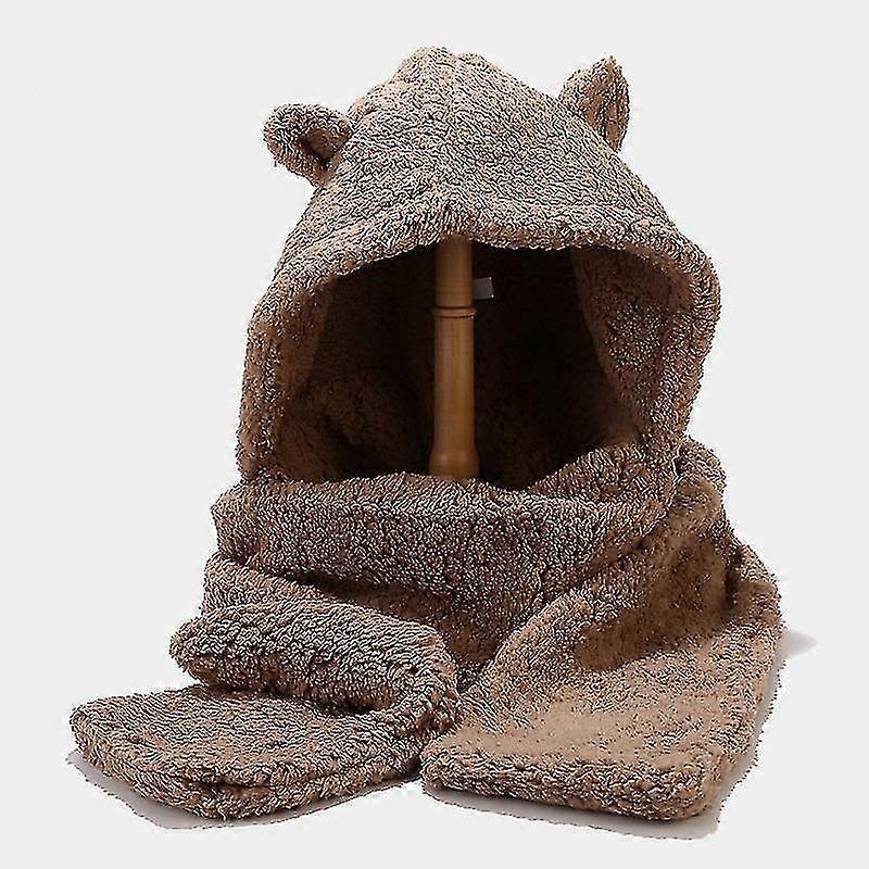 Bear Ear Protection Integrated Hat And Scarf Brown