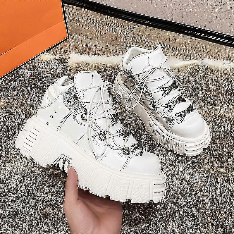 Unisex Metalik Siyah Deri Biker Botları Yüksek Top Punk Deri Ayakkabı