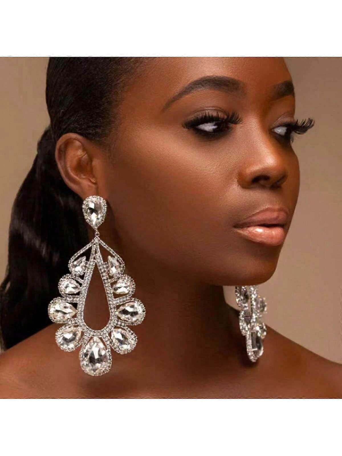 European And American Cross-border Popular Shiny Crystal Pendant Earrings Cross-border Exaggerated Long Drop-shaped Colorful Diamond Pendant Earrings