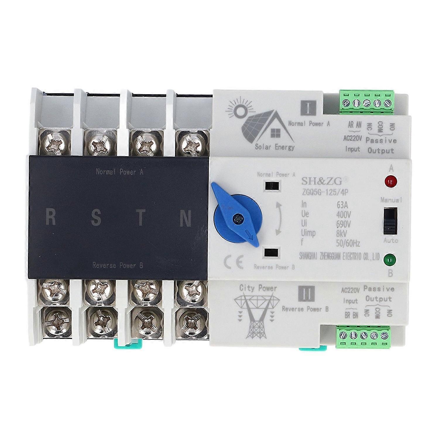 Dual Power Automatic Transfer Switch Electronic Circuit Breaker Changeover Switch 4P 63A AC220V