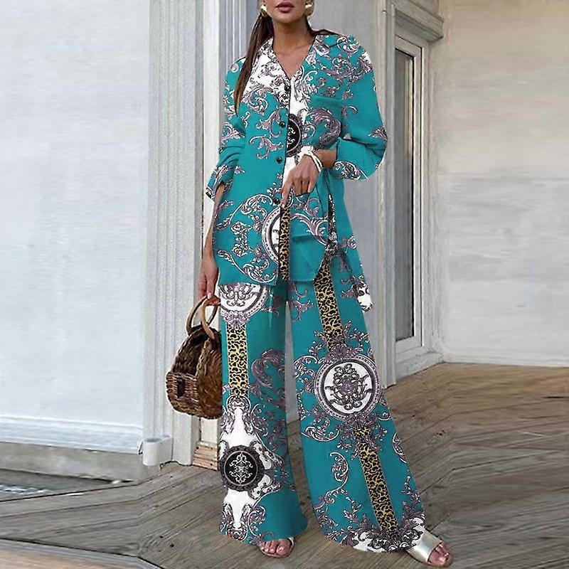 ZANZEA Spring Women 2PCS Printing Sets Long Sleeves Shirts Wide Leg Long Pants