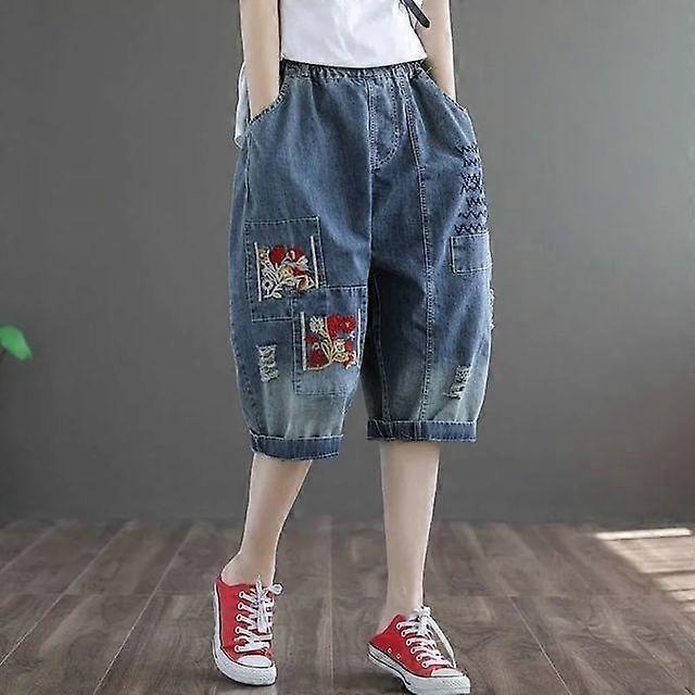 Women'sOversized Denim Shorts High-waist Cropped Trousers Loose and Thin Retro Embroidery Wide-leg Pants