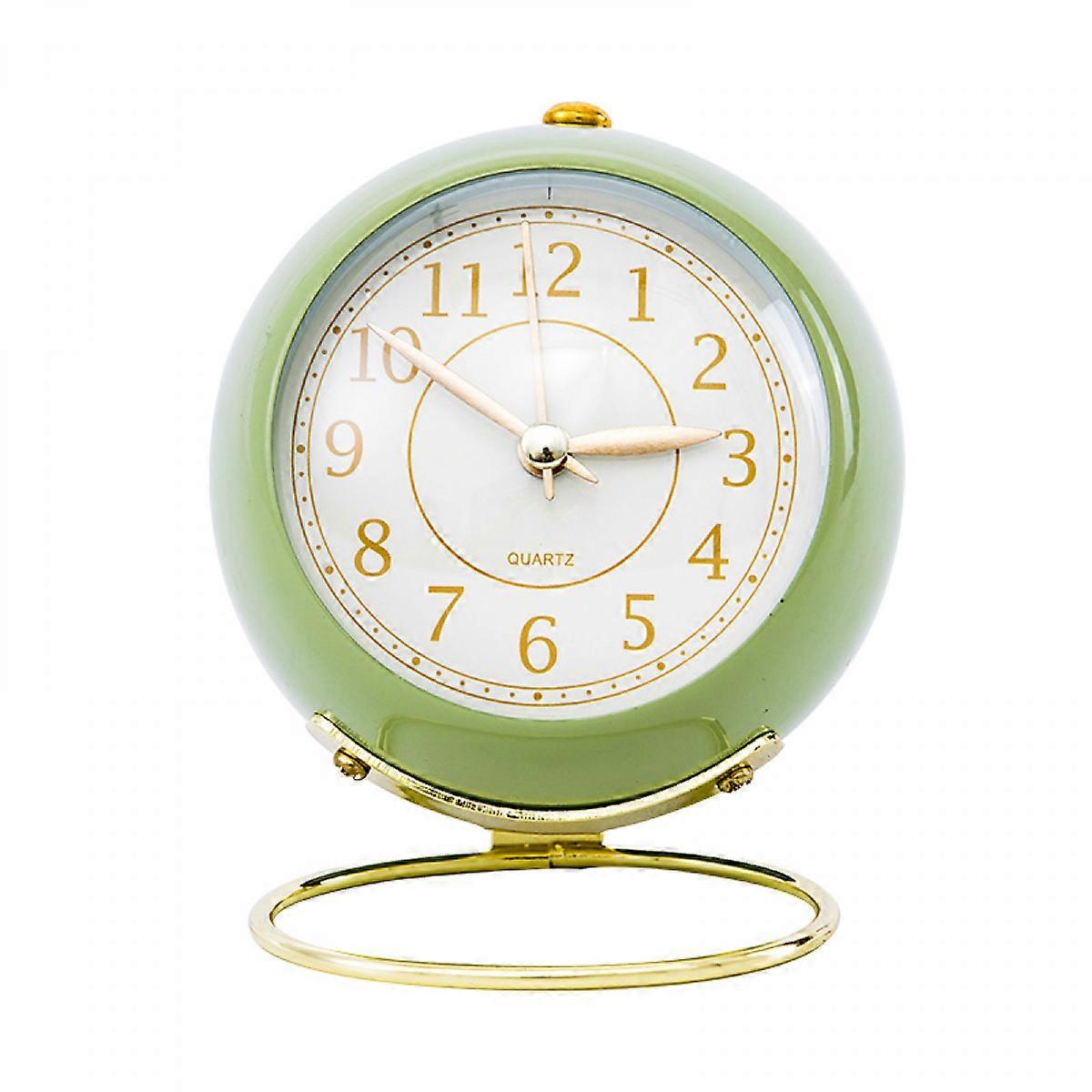 Battery Operated Alarm Clock with Round shape Metal Case,No Ticking Analog Quartz, Simple Operation for Bedroom/Travel/Desk/KidsGreen