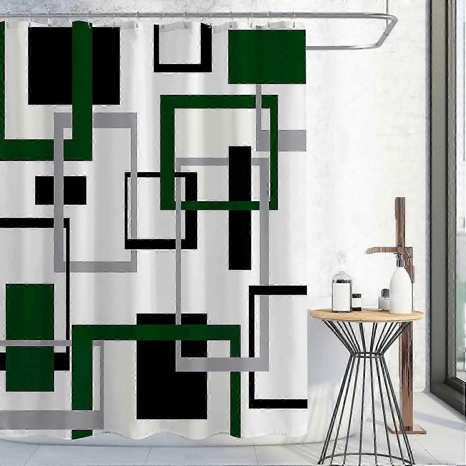 grønt badeforhæng, abstrakt geometrisk stof badeforhæng sæt, smaragdgrøn sort grå firkantet hvid baggrund mid århundrede moderne badeværelse indretning, d
